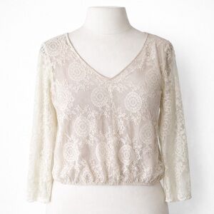 SJS Ivory Lace Blush Cottagecore Blouse Top Size Large Coquette Dainty Feminine